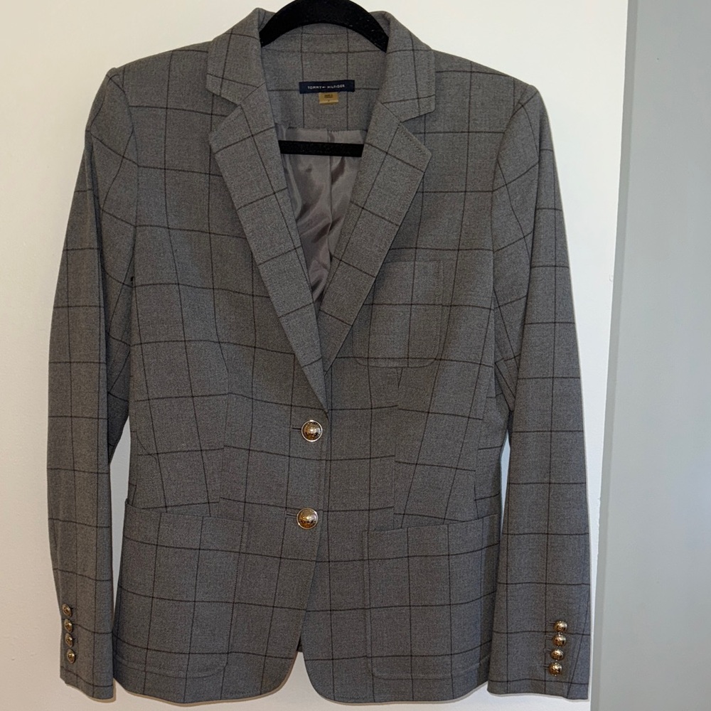 Tommy Hilfiger Gray Checkered Blazer with Gold Accents